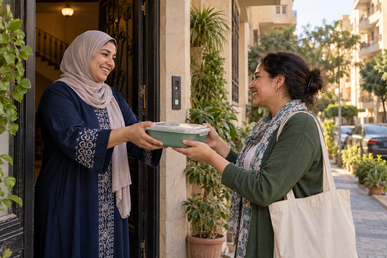 Egyptian neighbors sharing a covered food container · جيران مصريون يتشاركون علبة طعام مغطاة